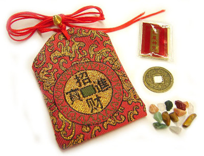 Feng Shui Fortune Bag with Chinese Emperor Coin Buddha Script Gem Stones