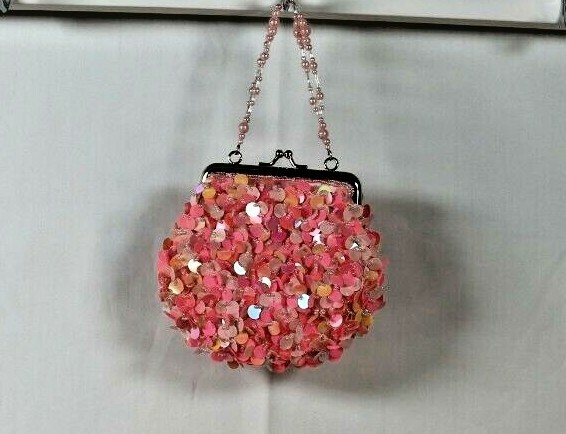 Cache Satin Sequins & Beads Purse Top Clasp Beaded Handle Evening/Prom