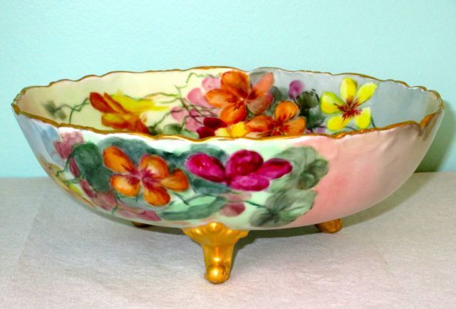 LIMOGES France Antique Hand Painted Nasturtiums Porcelain Large Footed Bowl