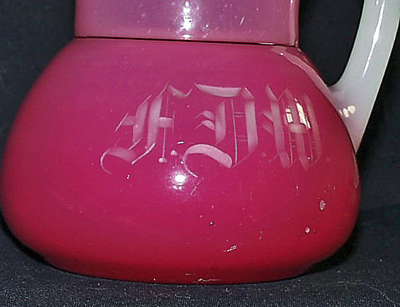 Antique Victorian Bi-Color Pink French Opaline Cased Glass Monogrammed Pitcher