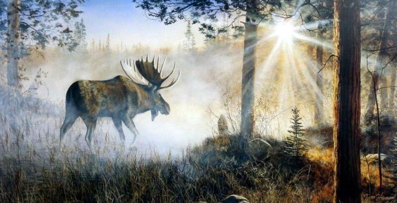 Jim Hansel A Walk In The Mist Moose Art Print 33" X 17"