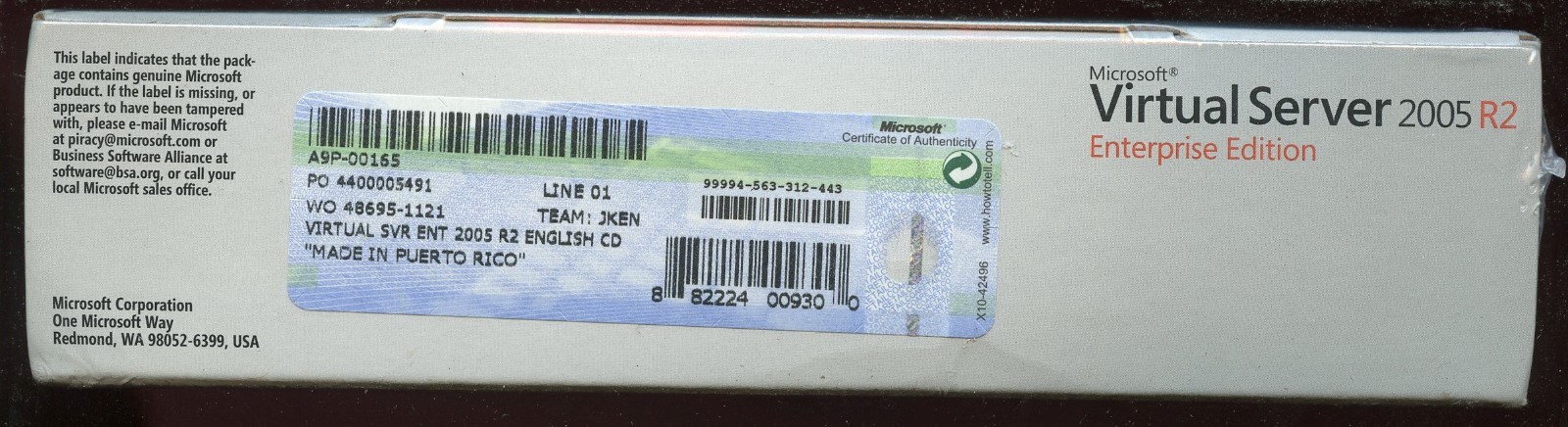 Factory Sealed - A9P-00165 Microsoft Virtual Server 2005 R2 Enterprise Edition