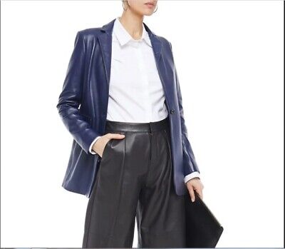 Womens Navy Blue 100% Rea1 Lambskin Leather Blazer Formal Wear Coat With Pockets