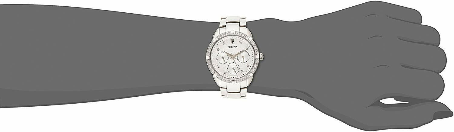 Pre-owned Bulova 96r195 Day/date 24 Diamonds Silver Tone Ladies Watch Great Gift $499