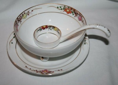 NIPPON Hand Painted 3 pc Whipped Cream Set Ball Foot Bowl, Ladle & Plate #682