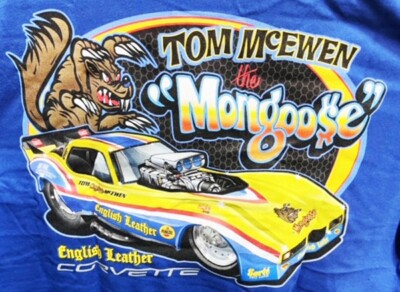 VRHTF NHRA ''VTG STYLE ''TOM THE MONGOOSE ENGLISH LEATHER CORVETTE'' T SHIRT XL