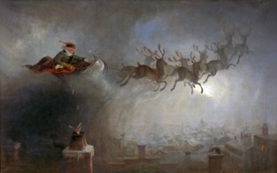 SANTA CLAUS SLEIGH REINDEER CHRISTMAS 1862 PAINTING WILLIAM HOLBROOK BEARD REPRO