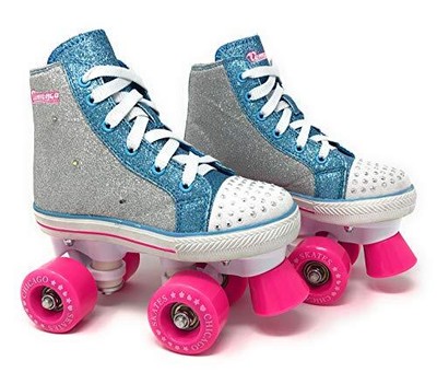Girls Fashion Quad Skates With Flashing Lights - Glitter Silve...