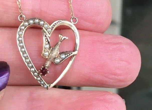 Antique Art Nouveau 10k Heart Swallow Pendant Necklace Garnet