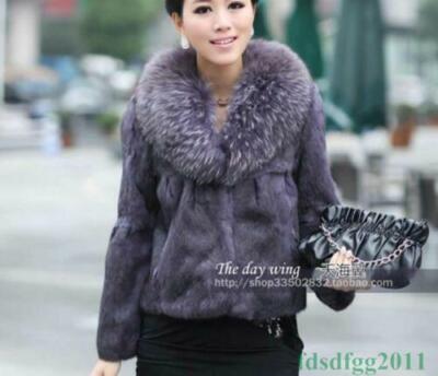 Womens Fox Fur Collar Real Genuine Rabbit Fur Jacket Outwear Garment Coat Winter