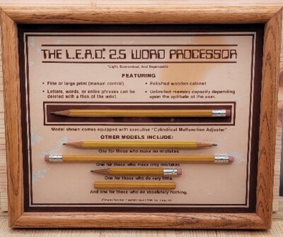 1984 THE L.E.A.D 2.5 WORD PROCESSOR COMPUTER JOKE PENCIL SIGN WOOD FRAME AD VTG.