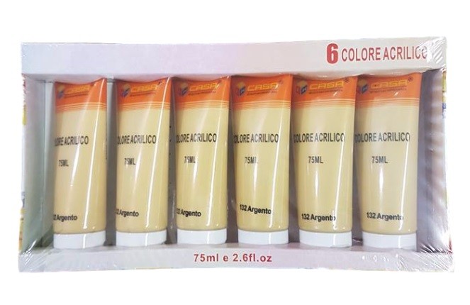 Pittura Acrilica Vernice Confezione 6 Pezzi Colore Argento 132 Tubo 75ml dfh