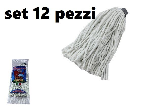 Set 12 Pezzi Mop Cotone Bianco Super Candido Ricambio Mocio Lava Pavimenti dfh