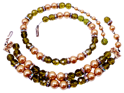 Hobe Necklace Bracelet Green Crystal Faux Pearl Demi Parure Signed Vintage 1950s