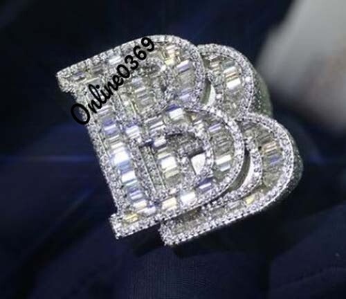 Pre-owned Online0369 3ct Real Baguette Moissanite Men's Initial Letter Ring White Gold Plated Silver