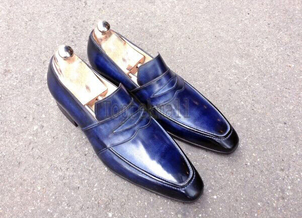 Pre-owned Handmade Men's Leather Stylish Blue Fashion Classic Loafers Slip Ons Shoes-1046