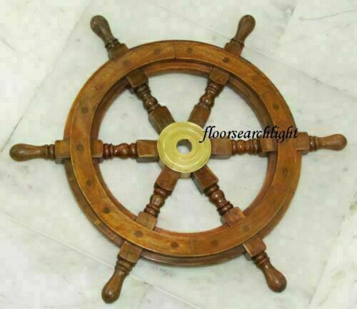 18" Nautical Wooden Ship Steering Wheel Pirate Décor Handmade Vintage Wall Boat