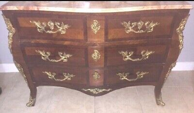 French Bombe Style Ivory Chippy Chic Finish,Marble Top Chest of Drawers