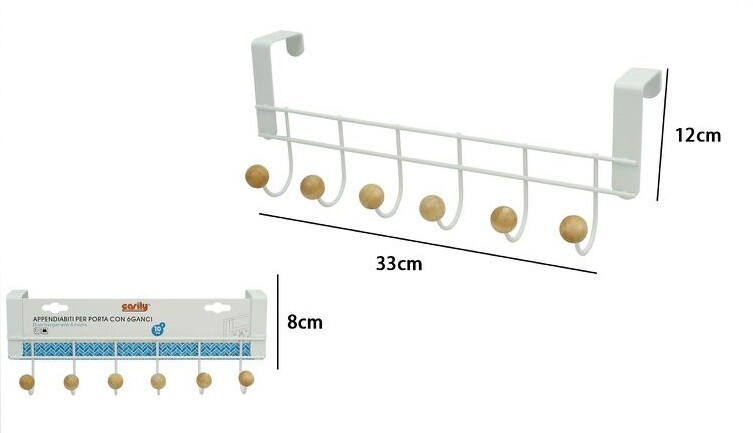 Appendiabiti Appendino Da Porta Metallo Bianco Palline Legno 6 Posti Ganci dfh