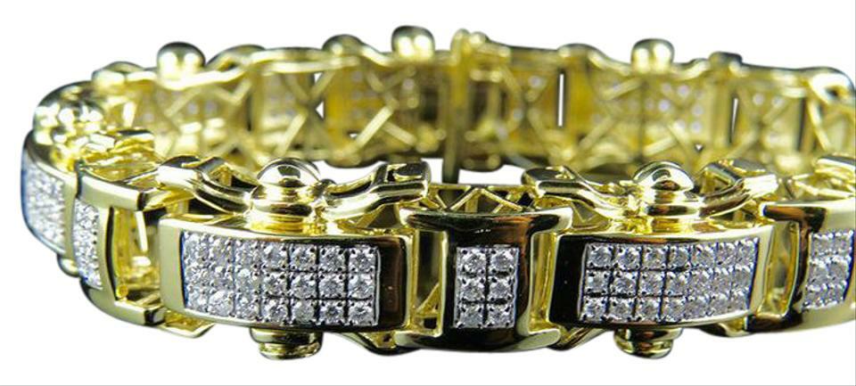 Pre-owned Online0369 5.18ct Cubic Zirconia Mens Designer Link Bracelet Silver Yellow Gold Plated