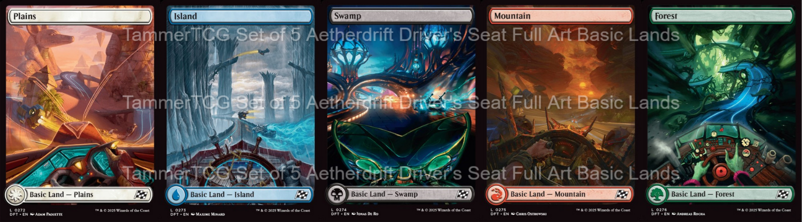5x Aetherdrift Driver's Seat Full Art Basic Land Set Magic the