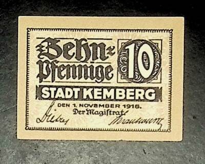 1918 Germany KEMBERG 10 Phennig Banknote / Notgeld
