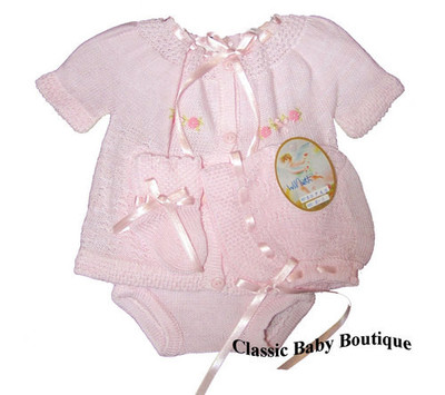 NWT Will'beth Pink Knit 4p Diaper Set Preemie Baby Girls Hat Booties 100% Cotton
