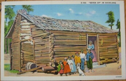 Black Family & Log Cabin 1940 Linen Postcard: 