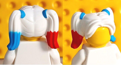 LEGO Hair Red White Blue Pigtails High HARLEY Quinn Wig Blue Bands Highlights