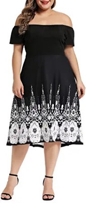 LALAGEN Womens Off Shoulder Vintage Short Sleeve Cocktail Swing Dress Black-XL