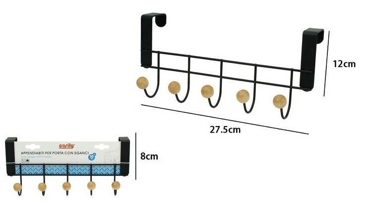 Appendiabiti Appendino Da Porta Metallo Nero Palline Legno 5 Posti Ganci dfh