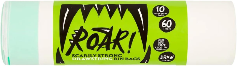 Roar! Bin Bags 60 Litres, 10 Double Drawstring Ultra Strong White Bin Bags, 100%