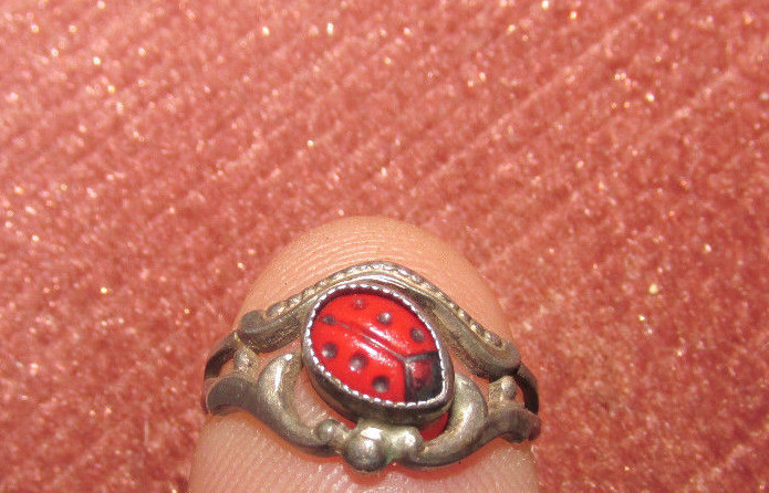 Unique Antique Baby/Child Coral Ladybug Sterling Ring!  size 1