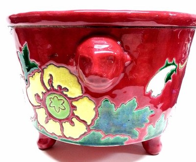 Antique Pottery Earthenware Floral Ferner, Cache Pot Bowl Sheep Handle Planter