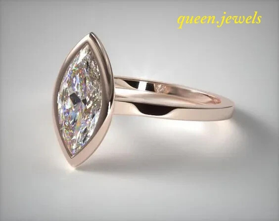 Marquise Cut 2CT Lab-Created Diamond Bezel Set Solitaire Ring 14K Rose Gold Over - Picture 2 of 5
