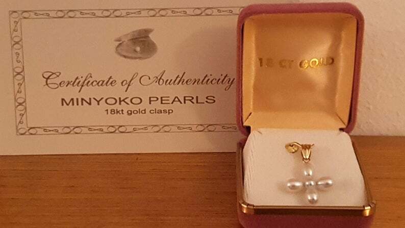 Pre-owned Handmade Christening Girl Crucifix Cross Real Pearl Solid 18k Gold Godmother Baptism In White