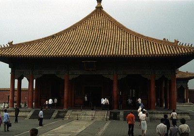Temple in the Forbidden City, with plaza and tourists, Beijing, China