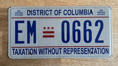 Nummernschild USA WASHINGTON DC Taxation Without Representation EM 0662 selten