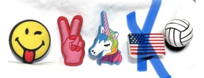 4 Jibbitz: Unicorn, Smiley, Face, Peace Sign, Soccer Ball, Each $5