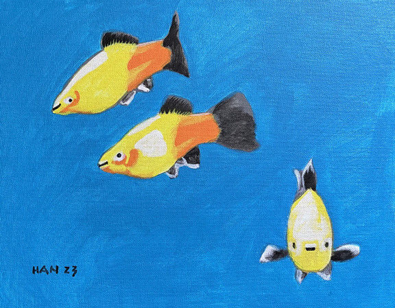 Sunset Platy 1, Fish Tank, Original Acrylic Painting, Signed, Art, 14x11