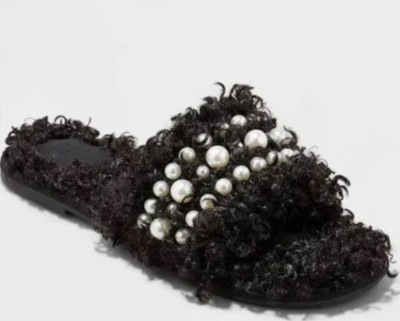 Women's Adrienne Slip-On Embellished Slide Slippers Black Fuzzy Soft Sz 6 R9P1b