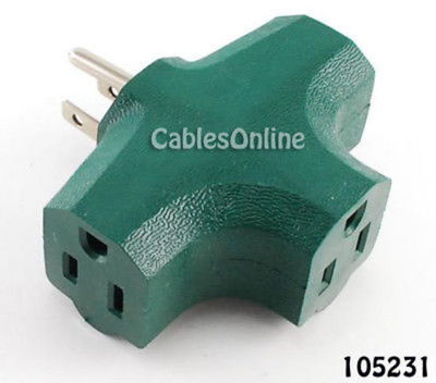 3 Outlet 3-Prong AC Power Wall Tap, Green, UL Listed