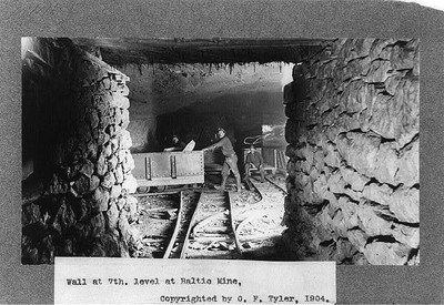 Photo:Wall at 7th Level at Baltic Mine,men in buggy,Mining,c1904