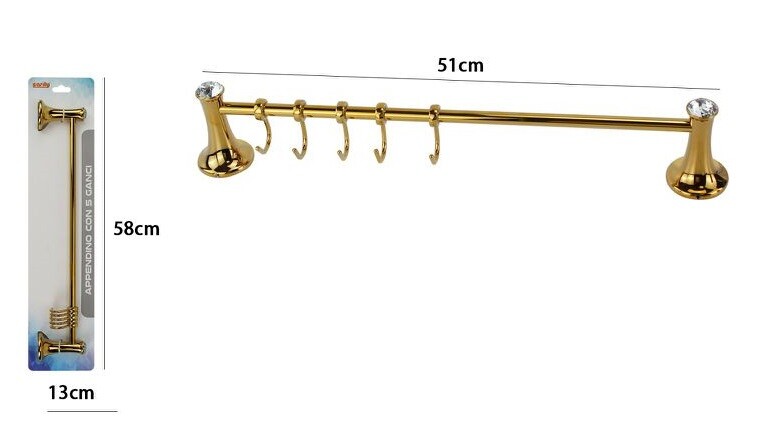 Porta Asciugamani 5 Ganci Appendini Fissaggio a Parete Bagno Dorato Crystal dfh