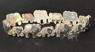 Estate Jewelry Sterling Silver Elephant Link Cubic Zirconia Bracelet 8