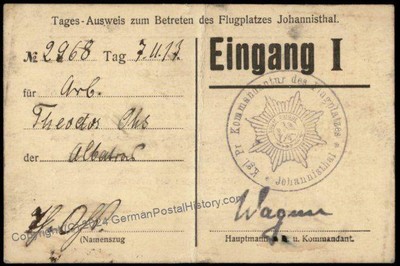 Germany 1913 Flugplatz Johannisthal Entrance Card for Flight Crew 64386