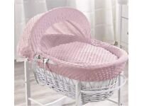 Moses basket crib cot in pink with rocking stand