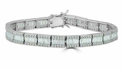 Pre-owned Nsg 6ct Baguette Cubic Zirconia Men's Tennis Bracelet White Gold Plated Silver