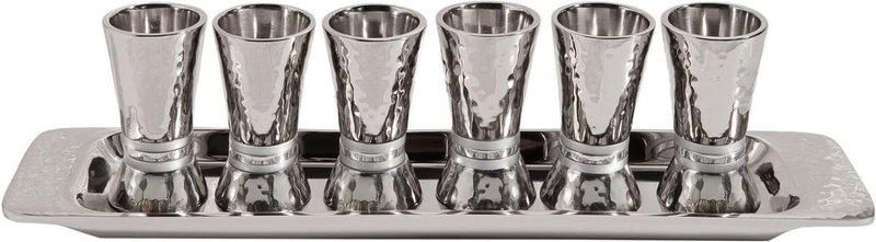 Liquor Cup Set of 6 Hammered Nickel Cone Shaped Designed with Colored Rings (Sil