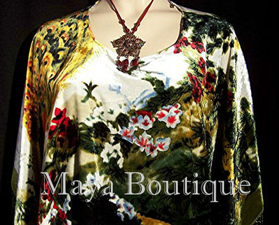 Pre-owned Maya Matazaro Peacock Poncho Shawl Top Silk Burnout Velvet Ivory Multi  In Ivory Olive Green Multi